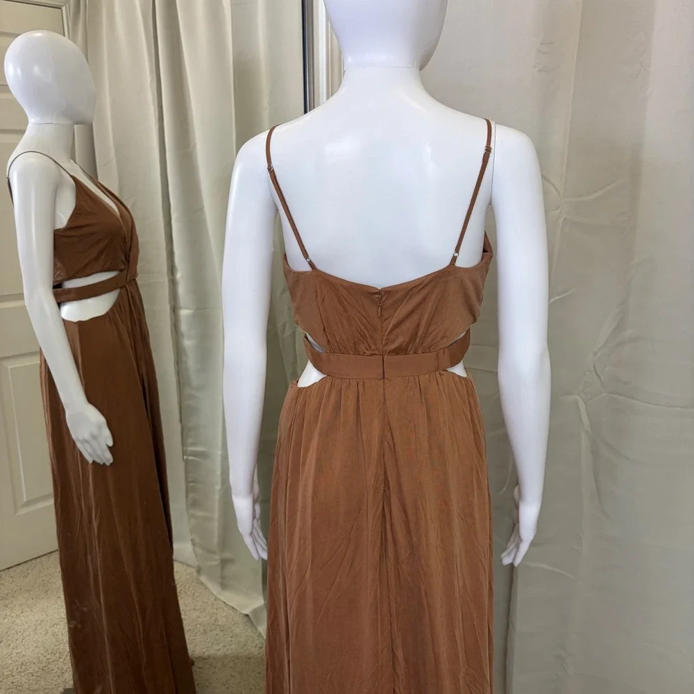 Stylestalker Rust Brown Cut Out Maxi Dress V-Neck High Slit Open Back Small